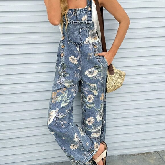 Denim - Blue Casual Women's Sleeveless Floral Jumpsuit